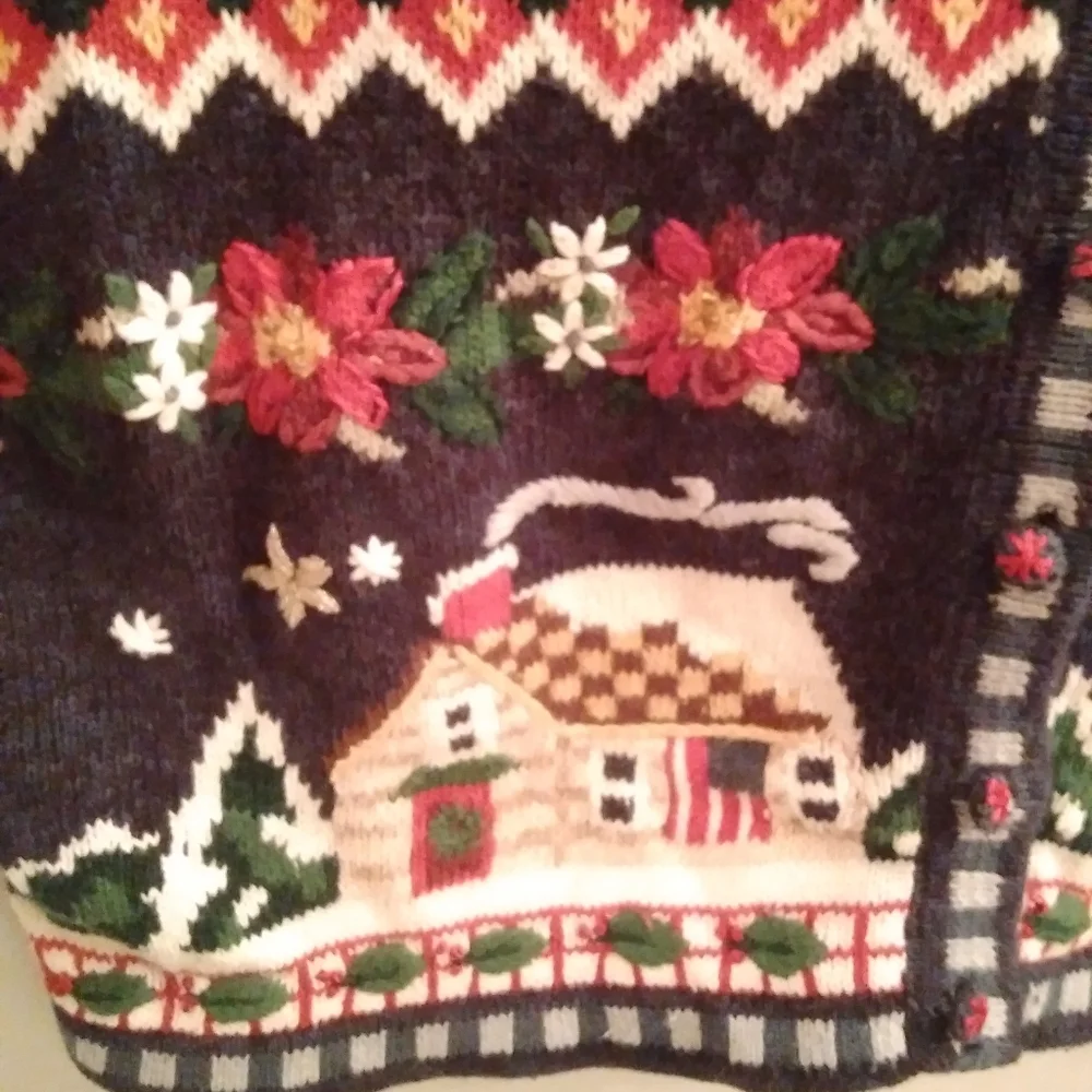 CHristmas vest Navy 3X Pre-owned Stocking Sleigh Poinsetta Embroidered … - Picture 5 of 14